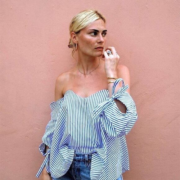 CAROLINE CONSTAS Gabriella White Blue Cambridge Stripe Bustier Top Sz Small - Picture 6 of 7